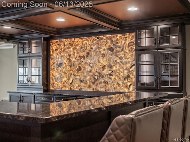 2750 Turtle Bluff Dr, Bloomfield Hills, MI 48302 - bar area featuring crown molding, beamed ceiling, coffered ceiling, and recessed lighting