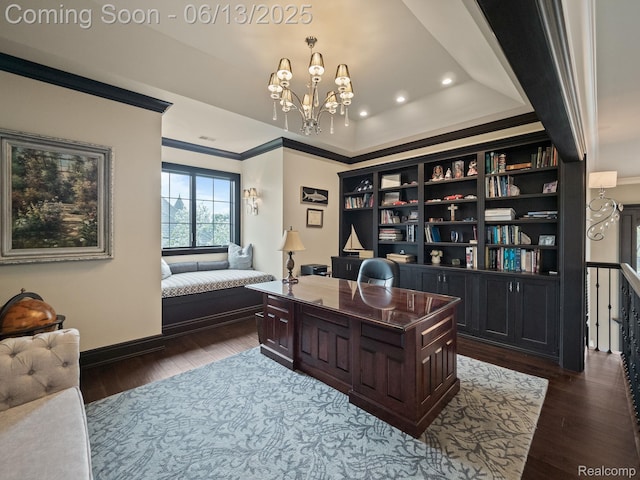 2750 Turtle Bluff Dr, Bloomfield Hills, MI 48302 - office with ornamental molding, a chandelier, dark wood finished floors, recessed lighting, and a tray ceiling
