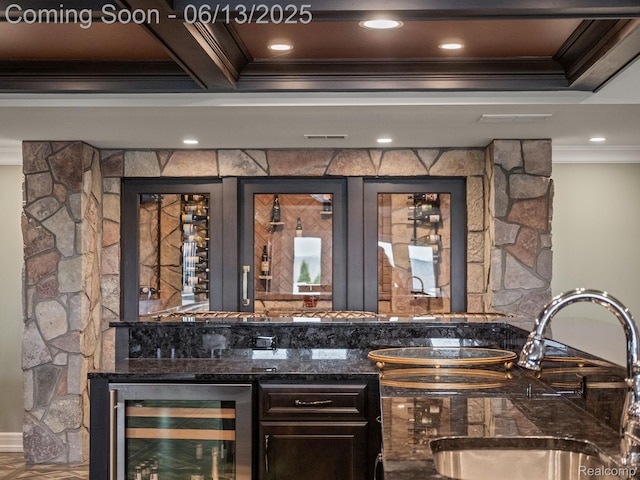 2750 Turtle Bluff Dr, Bloomfield Hills, MI 48302 - indoor wet bar featuring ornamental molding and wine cooler