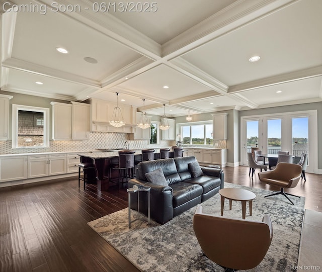 2750 Turtle Bluff Dr, Bloomfield Hills, MI 48302 - living area with dark wood finished floors, beam ceiling, and coffered ceiling