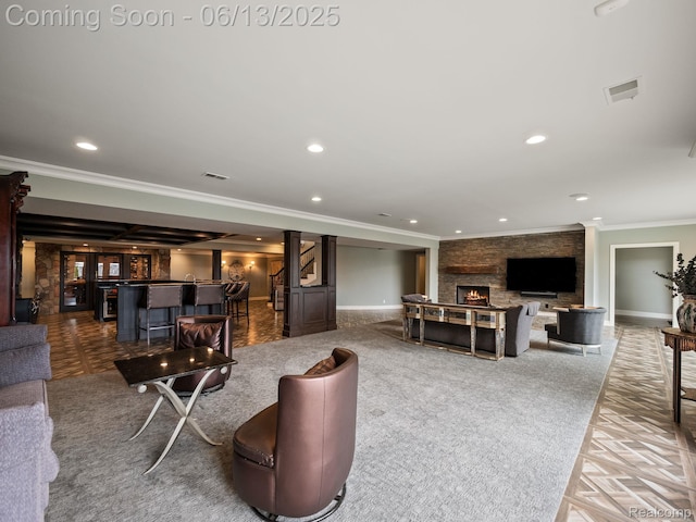 2750 Turtle Bluff Dr, Bloomfield Hills, MI 48302 - living room featuring crown molding, bar, recessed lighting, and a large fireplace