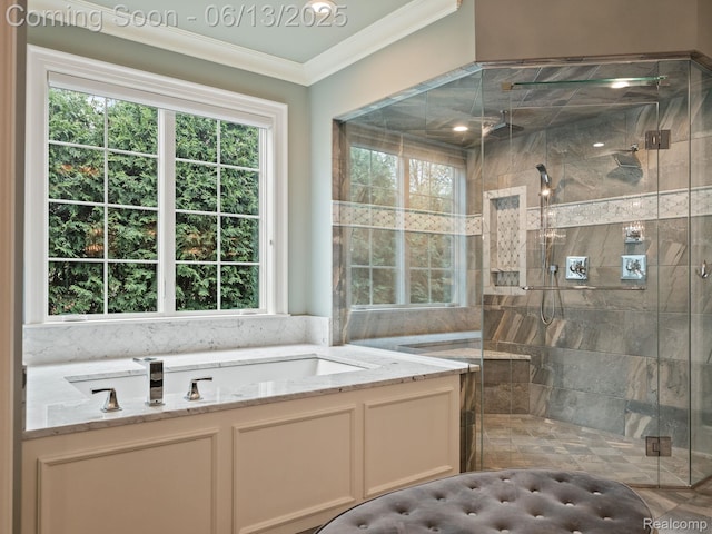 2750 Turtle Bluff Dr, Bloomfield Hills, MI 48302 - full bathroom with a stall shower, crown molding, healthy amount of natural light, and a bath