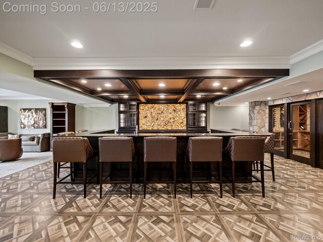 2750 Turtle Bluff Dr, Bloomfield Hills, MI 48302 - community bar area featuring ornamental molding, recessed lighting, and decorative columns