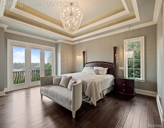 2750 Turtle Bluff Dr, Bloomfield Hills, MI 48302 - bedroom with a raised ceiling, a chandelier, access to outside, dark wood-type flooring, and ornamental molding