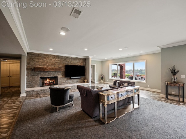 2750 Turtle Bluff Dr, Bloomfield Hills, MI 48302 - living room with crown molding, a fireplace, and recessed lighting