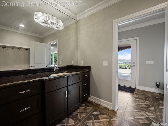 2750 Turtle Bluff Dr, Bloomfield Hills, MI 48302 - bathroom with plenty of natural light, vanity, and crown molding