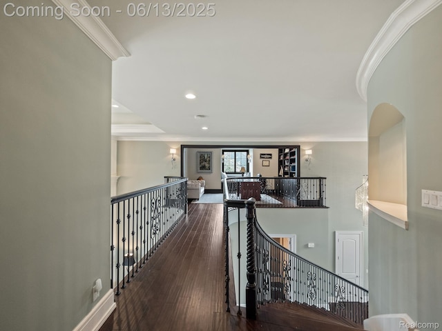2750 Turtle Bluff Dr, Bloomfield Hills, MI 48302 - corridor with crown molding, an upstairs landing, recessed lighting, and hardwood / wood-style floors