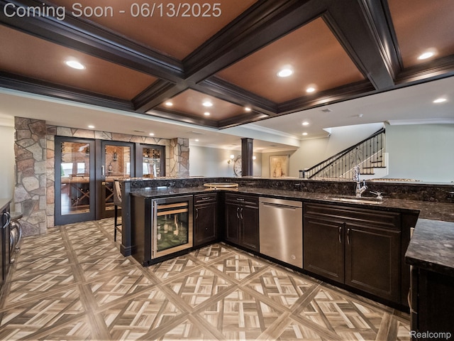 2750 Turtle Bluff Dr, Bloomfield Hills, MI 48302 - kitchen with beverage cooler, crown molding, stainless steel dishwasher, coffered ceiling, and beamed ceiling