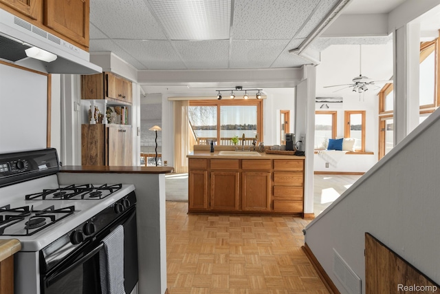 2830 N Duck Lake Rd, Highland, MI 48356 - kitchen with gas stove, under cabinet range hood, a sink, brown cabinetry, and a ceiling fan