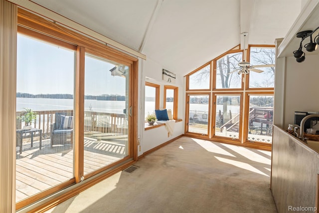 2830 N Duck Lake Rd, Highland, MI 48356 - unfurnished sunroom with a water view, plenty of natural light, carpet flooring, and high vaulted ceiling