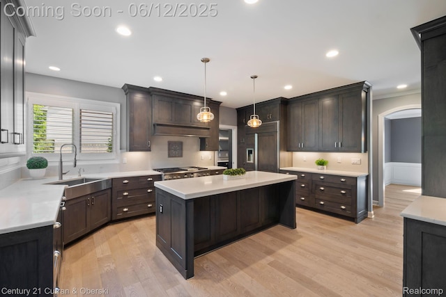 44251 Deep Hollow Cir, Northville, MI 48168 - kitchen with paneled built in refrigerator, a sink, light wood finished floors, light countertops, and a center island