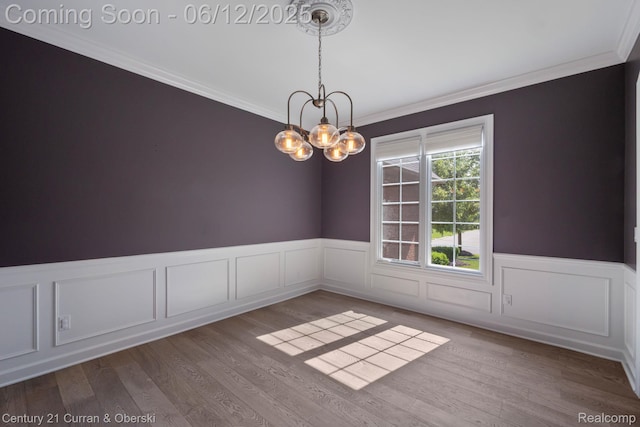 44251 Deep Hollow Cir, Northville, MI 48168 - spare room with ornamental molding, a chandelier, wainscoting, wood finished floors, and a decorative wall