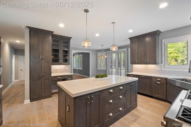 44251 Deep Hollow Cir, Northville, MI 48168 - kitchen with dark brown cabinetry, light countertops, light wood-style floors, recessed lighting, and crown molding
