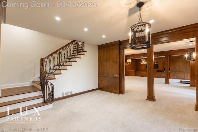 2937 Turtle Pond Ct, Bloomfield Hills, MI 48302 - unfurnished living room featuring recessed lighting, carpet flooring, stairway, and wooden walls