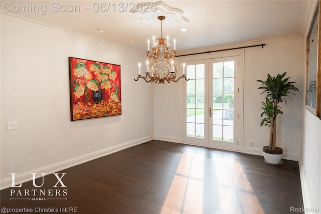 2937 Turtle Pond Ct, Bloomfield Hills, MI 48302 - spare room with french doors, wood finished floors, a chandelier, crown molding, and recessed lighting
