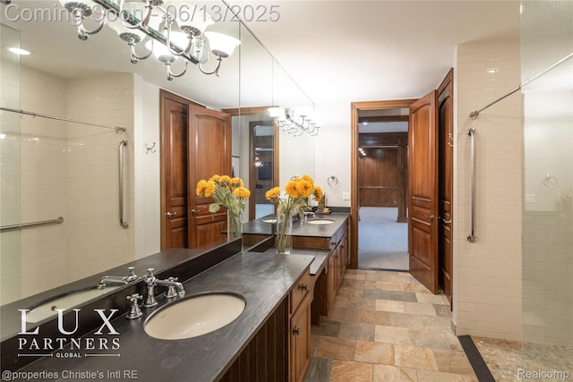 2937 Turtle Pond Ct, Bloomfield Hills, MI 48302 - full bathroom with a chandelier, double vanity, and tiled shower