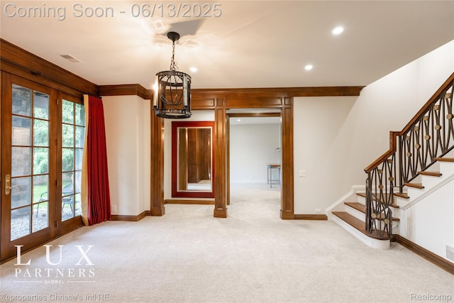 2937 Turtle Pond Ct, Bloomfield Hills, MI 48302 - unfurnished dining area featuring a chandelier, french doors, carpet, stairway, and recessed lighting
