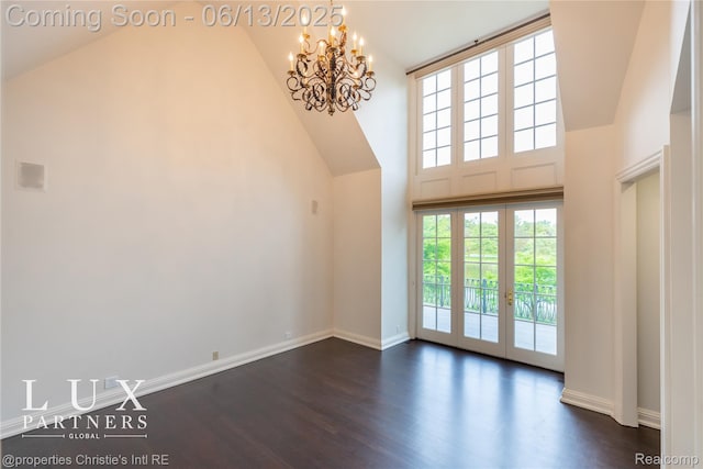 2937 Turtle Pond Ct, Bloomfield Hills, MI 48302 - additional living space featuring high vaulted ceiling, a chandelier, dark wood finished floors, and french doors