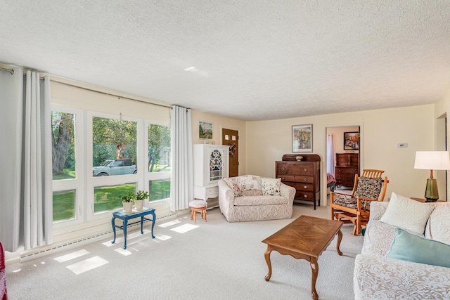 3077 Edson St, Coleman, MI 48618 - living room with a textured ceiling, carpet, and a baseboard heating unit