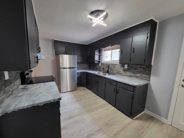 1010 S Pearce St, Owosso, MI 48867 - kitchen featuring a sink, freestanding refrigerator, extractor fan, electric range oven, and backsplash