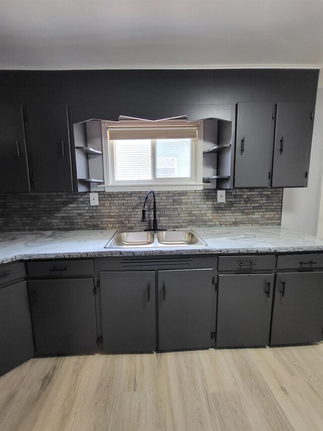 1010 S Pearce St, Owosso, MI 48867 - kitchen featuring open shelves, a sink, light wood-style floors, backsplash, and gray cabinetry