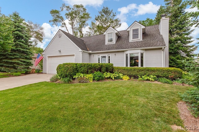 1377 Maplewood Dr St, Saline, MI 48176 - cape cod house with an attached garage, a front yard, driveway, a chimney, and a shingled roof