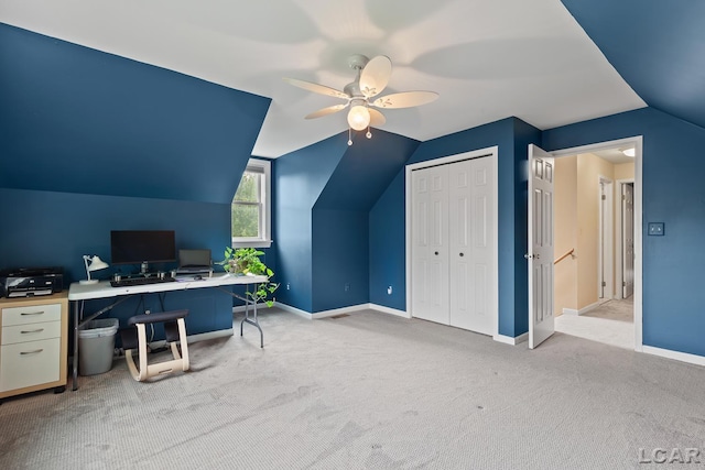 1377 Maplewood Dr St, Saline, MI 48176 - carpeted office featuring vaulted ceiling, a ceiling fan, and baseboards