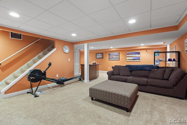 1377 Maplewood Dr St, Saline, MI 48176 - carpeted living room with baseboards, stairway, and recessed lighting