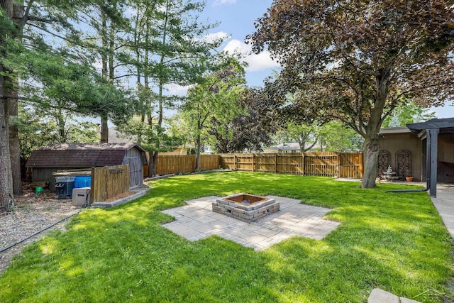 1449 Sauk Ln, Saginaw, MI 48638 - fenced backyard with a fire pit, a storage unit, and a patio