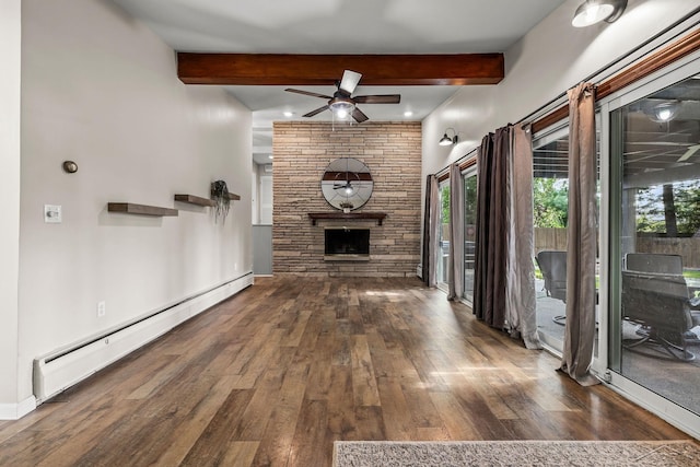 1449 Sauk Ln, Saginaw, MI 48638 - unfurnished living room with baseboard heating, hardwood / wood-style flooring, beamed ceiling, a stone fireplace, and ceiling fan