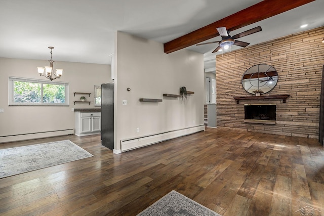 1449 Sauk Ln, Saginaw, MI 48638 - unfurnished living room with a baseboard radiator, a baseboard heating unit, a ceiling fan, dark wood-type flooring, and a stone fireplace