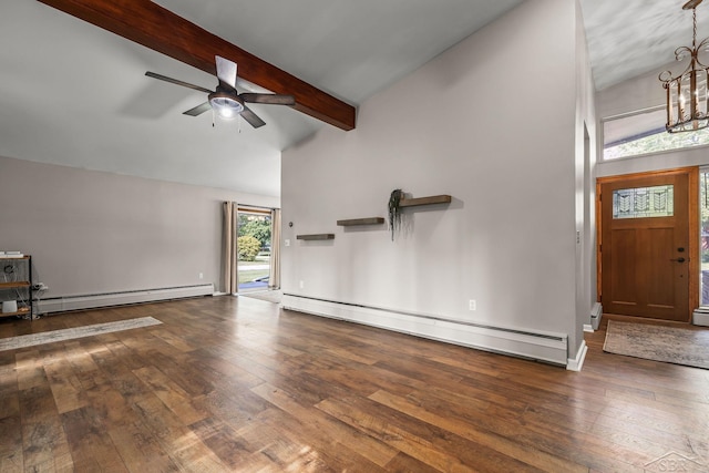 1449 Sauk Ln, Saginaw, MI 48638 - unfurnished living room with a baseboard heating unit, baseboard heating, ceiling fan, beam ceiling, and hardwood / wood-style flooring