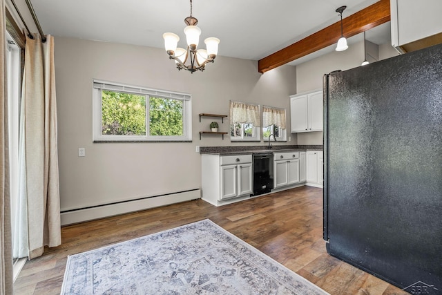 1449 Sauk Ln, Saginaw, MI 48638 - kitchen with black appliances, a baseboard radiator, white cabinets, beamed ceiling, and dark countertops