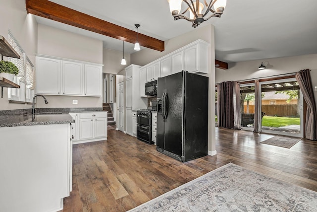 1449 Sauk Ln, Saginaw, MI 48638 - kitchen with black appliances, white cabinetry, beamed ceiling, and dark wood finished floors
