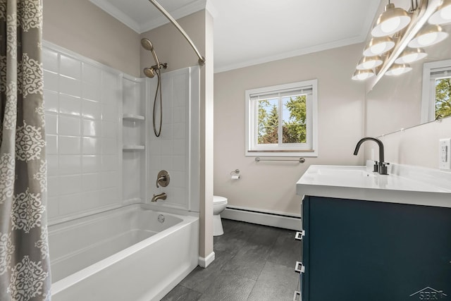 1449 Sauk Ln, Saginaw, MI 48638 - bathroom featuring baseboard heating, vanity, shower / tub combo with curtain, plenty of natural light, and ornamental molding