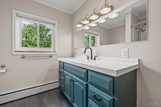 1449 Sauk Ln, Saginaw, MI 48638 - full bathroom featuring a baseboard heating unit, crown molding, and vanity