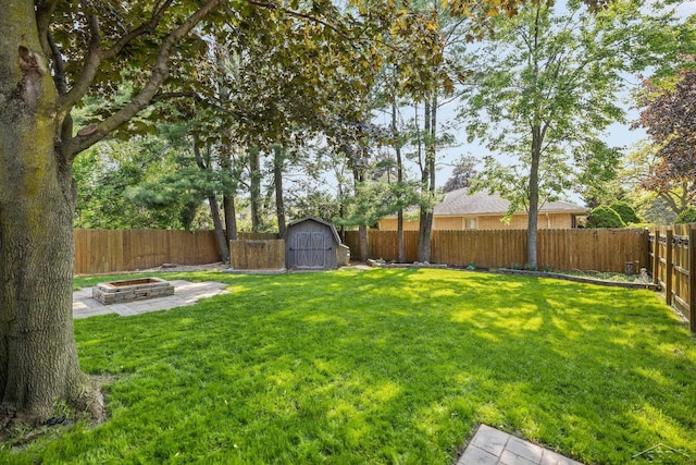 1449 Sauk Ln, Saginaw, MI 48638 - fenced backyard with an outdoor fire pit and a storage unit