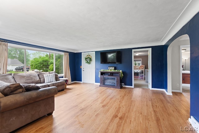 1104 Sunset Dr, Tecumseh, MI 49286 - living room featuring arched walkways, wood finished floors, baseboards, and a fireplace
