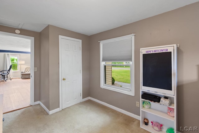 1104 Sunset Dr, Tecumseh, MI 49286 - rec room with baseboards, carpet, and attic access