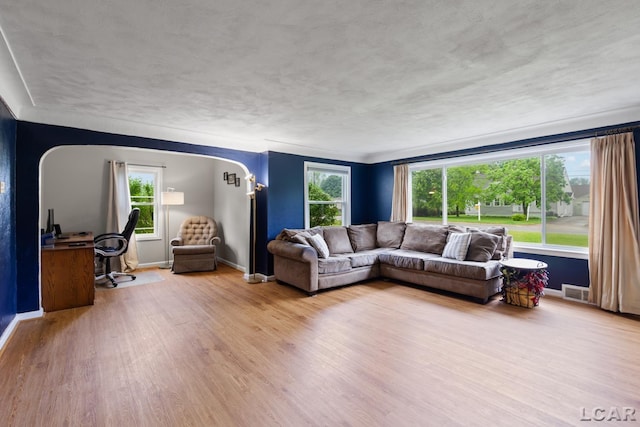 1104 Sunset Dr, Tecumseh, MI 49286 - living area with wood finished floors, arched walkways, and baseboards