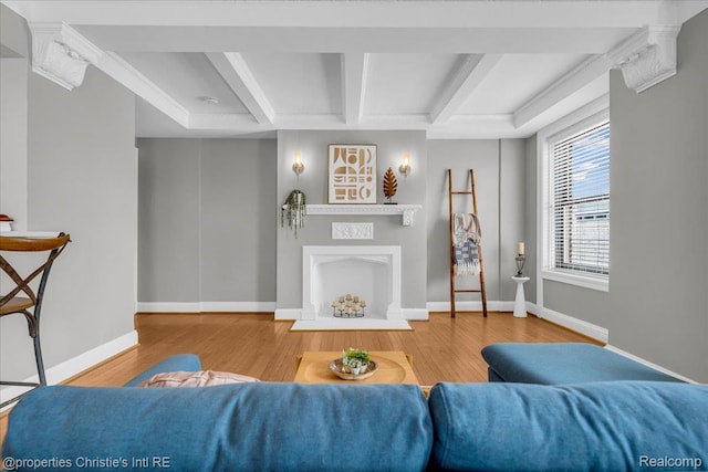 15 E Kirby St Unit 304, Detroit, MI 48202 - living area featuring wood finished floors, beam ceiling, coffered ceiling, baseboards, and a fireplace