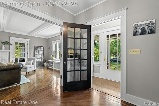 22 Elm Park Blvd, Pleasant Ridge, MI 48069 - doorway featuring wood finished floors, ornamental molding, french doors, and baseboards