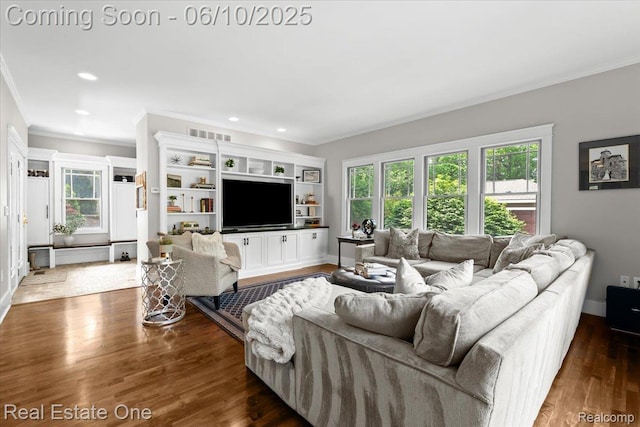 22 Elm Park Blvd, Pleasant Ridge, MI 48069 - living area with ornamental molding, dark wood-style floors, baseboards, and recessed lighting