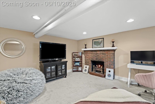 22 Elm Park Blvd, Pleasant Ridge, MI 48069 - carpeted living room with baseboards, a brick fireplace, beamed ceiling, and recessed lighting