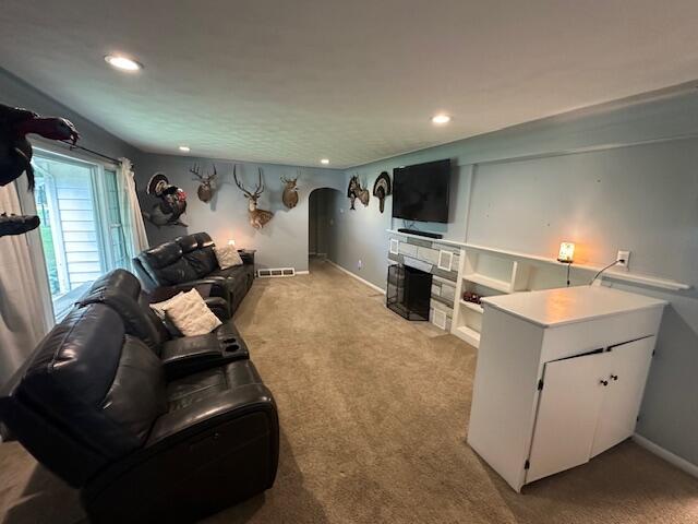 55441 Buckhorn Rd, Three Rivers, MI 49093 - living area featuring carpet, arched walkways, recessed lighting, a stone fireplace, and baseboards