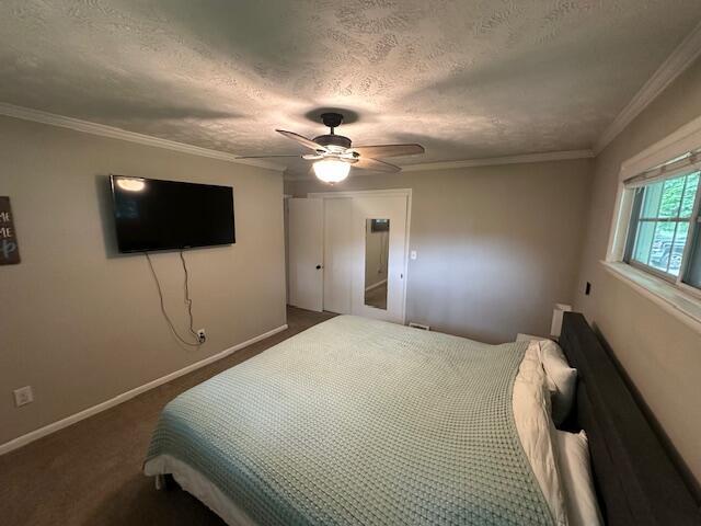 55441 Buckhorn Rd, Three Rivers, MI 49093 - bedroom with ceiling fan, baseboards, carpet floors, a textured ceiling, and crown molding