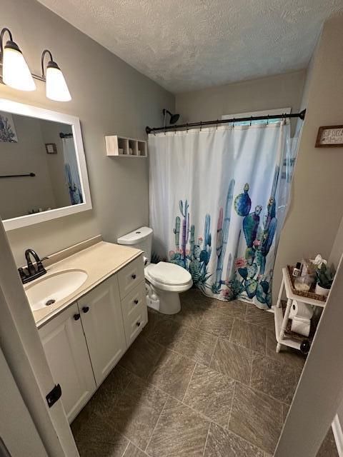 55441 Buckhorn Rd, Three Rivers, MI 49093 - bathroom with a textured ceiling, vanity, toilet, and a shower with curtain