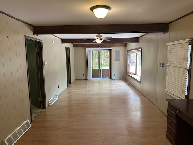 5649 W 76th St, Baldwin, MI 49304 - unfurnished room with light wood-style floors, ceiling fan, beam ceiling, wooden walls, and electric panel