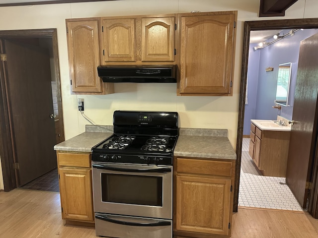 5649 W 76th St, Baldwin, MI 49304 - kitchen with stainless steel gas range oven, exhaust hood, light wood finished floors, and a sink
