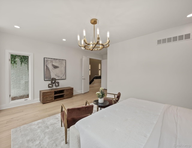 1756 Alexander Dr, Bloomfield Hills, MI 48302 - bedroom featuring recessed lighting, light wood-style flooring, a chandelier, and baseboards